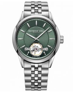 Raymond Weil Freelancer Automatic Mens Steel Watch With Olive Green Open Balance Dial On Metal Bracelet