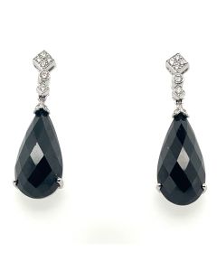 18ct White Gold 15.71ct Onyx and 0.15ct Diamond Drop Earrings