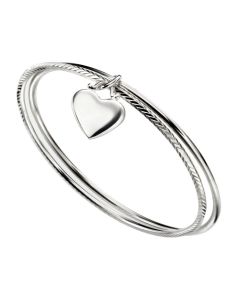 Silver Diamond Cut Double Bangle with Heart Tag