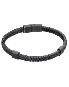 Fred Bennett Plaited Black Leather and Black IP Sections Bracelet 23cm