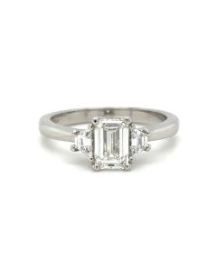 Platinum 0.96ct F Vs2 Emerald Cut Diamond & 0.25ct Trapezoid Diamond Three Stone Ring