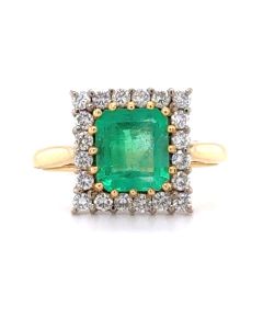 Pre- Owned 18ct 1.73ct Emerald and 0.60ct Diamond Cluster Ring