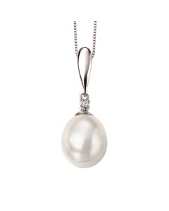 9ct White Gold Freshwater Pearl Diamond Drop Pendant