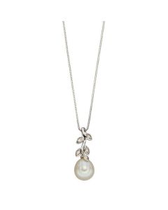 9ct White Gold Diamond Leaf Freshwater Pearl Pendant