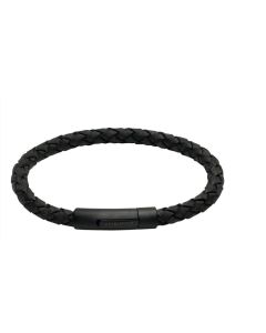 Unique B438ABL Black Leather Black IP Plated Clasp Bracelet 21cm