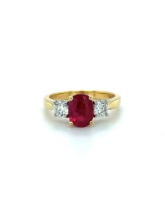 18ct Yellow Gold 1.48ct Oval Ruby & 0.60ct Diamond Three Stone Ring