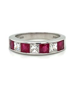 18ct White Gold 1.65ct Ruby and 0.8ct Diamond 7 Stone French Cut Ring