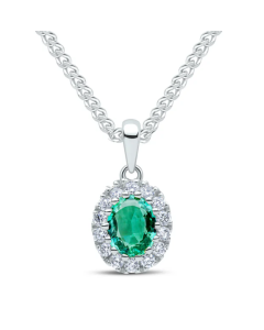 18ct White Gold 0.30ct Emerald and 0.12ct Diamond Cluster Pendant