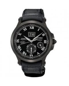 Seiko Kinetic perpetual calendar stainless steel black PVD watch on leather strap