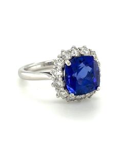 18ct White gold 4.68ct Cushion Tanzanite & Diamond Halo Cluster Ring 