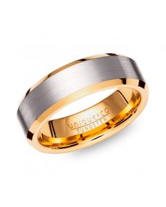 Unique & Co Tungsten 7mm Ring Gold & Silver Finish With Bevelled Edge Size 66