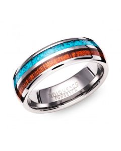 Unique & Co Tungsten 7mm Ring with Wood & Turquoise Inlay Size 68
