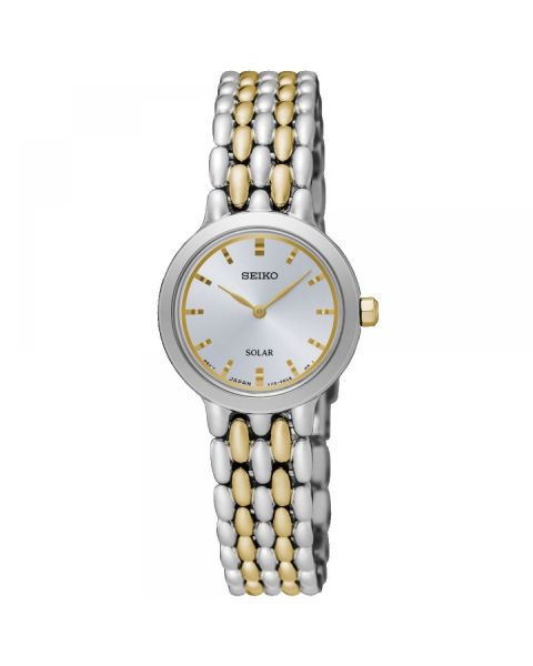 Seiko Ladies Solar Powered Two Tone Silver Dial Bracelet Watch SUP349P1