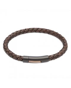 Unique Dark Brown Leather & Steel ROSE Bracelet 21cm