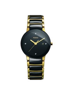 Rado Centrix Diamonds Gold Plated /Ceramic Black Dial Bracelet Watch 28mm R30930712