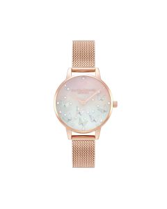 Sparkle Butterfly, Midi Blush Dial With Blue Mother Of Pearl, Rose Gold Mesh Watch OB16MB38