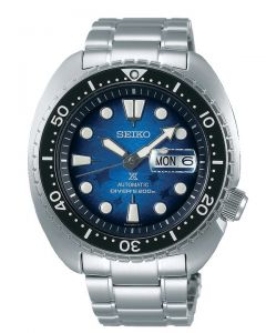 Seiko Prospex Mens Save The Ocean Manta Ray Turtle Automatic Blue Dial Silver Stainless Steel Bracelet Watch SRPE39K1